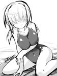  collarbone greyscale hair_over_eyes isshitaira long_hair monochrome navel one-piece_swimsuit photokano school_swimsuit smile solo swimsuit uchida_yuuko 