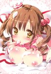  1girl absurdres blush breast_rest breasts brown_hair cream food food_on_body food_on_head hair_bobbles hair_ornament hat highres idolmaster idolmaster_cinderella_girls kamiya_maneki large_breasts licking looking_at_viewer nipples object_on_head open_mouth solo stitchme tongue totoki_airi twintails whipped_cream yellow_eyes 