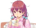  :o blush brown_hair copyright_request cup hair_ornament holding holding_cup jpeg_artifacts komase_(jkp423) low_twintails messy_hair mug open_mouth pajamas pillow purple_eyes solo steam twintails upper_body 