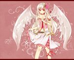  angel_wings bare_shoulders belt bracelet chain cherry_blossoms collarbone flower food fork fruit hair_flower hair_ornament jewelry leg_ribbon letterboxed long_hair looking_at_viewer midriff musical_note navel original paper red_eyes ribbon see-through shirt silver_hair skirt skirt_lift smile solo strawberry tamagogayu1998 very_long_hair wide_sleeves wings 