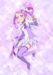  boots choker cure_sword dokidoki!_precure hair_ornament highres iyakun kenzaki_makoto ponytail precure purple purple_background purple_choker purple_eyes purple_footwear purple_hair purple_legwear purple_skirt short_hair skirt smile solo spade_hair_ornament thigh_boots thighhighs 