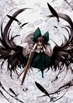  arm_cannon black_hair black_wings bow cape feathers hair_bow long_hair looking_at_viewer page reiuji_utsuho shirt skirt solo thighhighs touhou weapon wings yellow_eyes 