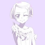  bare_shoulders dokidoki!_precure highres iyakun kenzaki_makoto monochrome one_eye_closed outstretched_arm outstretched_hand precure purple_background short_hair simple_background smile solo upper_body 