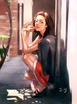  1girl actress against_wall amami_yuuki brick_wall brown_eyes brown_hair ciciliu cigarette female full_body high_heels highres lips long_hair looking_at_viewer open_shoes photorealistic realistic shoes solo squatting 