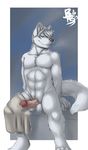  abs anthro balls bass_(artist) biceps big_muscles big_penis black_nose canine chest_tuft dripping erection fur grey_eyes grey_hair grin hair inviting leaking looking_at_viewer male mammal muscles nude pecs penis pose precum presenting sitting smile solo toned towel tuft uncut vein white_fur white_hair wolf 
