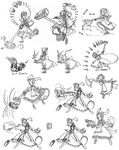  attack bloody_marie_(skullgirls) bone bowing character_sheet cleaning concept_art duster hair_ornament highres lab_zero_games maid maid_headdress official_art skeleton sketch skull_hair_ornament skullgirls solo standing_on_one_leg twintails vacuum_cleaner 