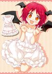  :d alternate_costume alternate_hair_length alternate_hairstyle bat_wings blush demon_wings dress fang frills happy head_wings koakuma looking_at_viewer multiple_wings open_mouth orange_eyes porurin red_hair short_hair simple_background sleeveless smile solo sundress touhou wings 