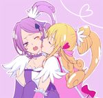  aida_mana blonde_hair blush choker closed_eyes cure_heart cure_sword curly_hair dokidoki!_precure hair_ornament half_updo heart heart_hair_ornament kenzaki_makoto licking multiple_girls open_mouth ponytail precure purple_background purple_choker purple_eyes purple_hair simple_background spade_hair_ornament tongue tonomura_chiyo wince yuri 