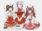  ... 3girls alternate_costume alternate_hairstyle animal_ears blush breasts brown_hair closed_eyes closed_mouth gloves gold_ship_(umamusume) grey_hair headphones highres horse_ears horse_tail ines_fujin_(umamusume) long_hair maid_headdress medium_breasts medium_hair mejiro_bright_(umamusume) multiple_girls open_mouth own_hands_together pantyhose side_ponytail simple_background sparkle tail twintails umamusume v56564v white_background 