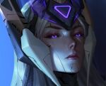  1girl artificial_eye character_request close-up cyborg league_of_legends mechanical_eye piscina purple_eyes simple_background solo tagme white_hair 
