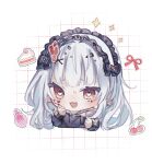  1girl absurdres black_bow black_sweater bottle bow cake cake_slice cherry chibi commentary_request cropped_torso earrings food fruit hair_ornament hairclip heart heart-shaped_pupils highres hood hood_down hooded_sweater indie_virtual_youtuber jewelry kuromu_(96-94) long_hair long_sleeves looking_at_viewer perfume_bottle red_eyes red_ribbon ribbon sabita_hagane solo sparkle sweater symbol-shaped_pupils virtual_youtuber white_hair x_hair_ornament 