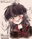  1girl :d black_hair blue_eyes blush breath character_age collarbone eisu_(eith) glasses heavy_breathing highres long_hair messy_hair original school_uniform serafuku simple_background sketch smile sweat swept_bangs teeth translation_request tsukigime_sabuko upper_teeth_only yellow_background 