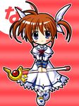  artist_request blue_eyes blush chibi dress full_body long_skirt long_sleeves looking_at_viewer lyrical_nanoha magical_girl mahou_shoujo_lyrical_nanoha puffy_sleeves raising_heart rod skirt smile solo standing takamachi_nanoha twintails uniform v_arms white_dress 