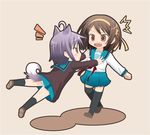  2girls ahoge amamiya_minato animal_ears bad_id bad_pixiv_id cardigan chibi dog_ears jumping kita_high_school_uniform multiple_girls nagato_yuki panties purple_hair school_uniform serafuku short_hair surprised suzumiya_haruhi suzumiya_haruhi_no_yuuutsu tail thighhighs underwear 