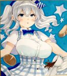  1girl absurdres apron blue_apron blue_background blue_bow blue_skirt bow bowtie bread breasts checkered_apron checkered_clothes coffee_cup cup disposable_cup food gingham grey_hair highres kantai_collection kashima_(kancolle) kobeya_uniform large_breasts long_hair plaid plaid_apron pleated_shirt short_sleeves skirt solo traditional_media twintails upper_body user_xdhg7247 waitress 