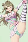  1girl ;d absurdres amayo_thranana armpits black_thighhighs blush breasts brown_hair cheerleader elbow_gloves gloves green_background green_panties headset highres large_breasts long_hair love_live! love_live!_school_idol_festival minami_kotori miniskirt navel one_eye_closed one_side_up panties pantyshot pink_footwear simple_background skirt smile solo split standing standing_on_one_leg standing_split striped_clothes striped_thighhighs tank_top thighhighs underwear white_gloves white_thighhighs 