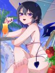  1girl :p absurdres barefoot beach_chair beach_umbrella bikini black_hair black_horns black_tail blue_hair blue_horns blue_sky blue_tail blue_wings blurry blush breasts cherry colored_inner_hair crossed_bangs crossed_legs day demon_girl demon_horns demon_tail demon_wings depth_of_field detached_wings drink drinking_straw fang flower food fruit gradient_horns gradient_tail gradient_wings hair_between_eyes hibiscus highres horns ichinose_uruha innertube lens_flare light_rays looking_at_viewer medium_breasts medium_hair multi-strapped_bikini_bottom multi-strapped_bikini_top multicolored_hair multicolored_horns multicolored_wings navel oiranoid open_mouth purple_eyes purple_nails red_flower sitting sky smile solo stomach swim_ring swimsuit tail tongue tongue_out tropical_drink umbrella underboob virtual_youtuber vspo! white_bikini wings wolf_cut 