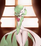  absurdres bob_cut closed_eyes colored_skin dress gardevoir green_hair hair_over_one_eye highres mawile_no1 multicolored_skin pokemon pokemon_(creature) thick_thighs thighs two-tone_skin v_arms white_dress white_skin window 