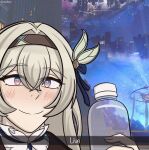  1girl black_hairband blush bottle city commentary firefly_(honkai:_star_rail) grey_hair hair_between_eyes hairband highres holding holding_bottle honkai:_star_rail honkai_(series) long_hair looking_at_viewer nebulimes outdoors purple_eyes smile solo 