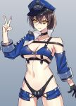  1girl azur_lane baltimore_(azur_lane) baltimore_(finish_line_flagbearer)_(azur_lane) bikini black_bikini black_choker black_gloves blue_bikini blue_hat blue_jacket blue_shorts blue_sleeves breasts brown_hair chest_harness choker cleavage closed_mouth collarbone commentary cowboy_shot cropped_jacket crossed_bangs detached_sleeves gloves grey_background groin hair_between_eyes hand_up harness hat highleg highleg_bikini highres jacket looking_at_viewer medium_breasts micro_shorts mismatched_bikini navel official_alternate_costume ouka_(sakura_oinari) peaked_cap race_queen short_hair shorts sidelocks simple_background single_bare_shoulder single_detached_sleeve single_sleeve skindentation solo standing stomach swimsuit v yellow_eyes 