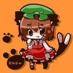  animal_ears bad_id bad_pixiv_id brown_eyes brown_hair cat_ears cat_tail chen chibi fang hat multiple_tails nasa_yu short_hair solo tail touhou 