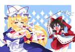  bad_id bad_pixiv_id black_hair blonde_hair blue_hair breasts cleavage detached_sleeves elbow_gloves gloves gohei hair_ribbon hakurei_reimu hat japanese_clothes large_breasts long_hair mouth_hold multiple_girls mushi_q panties panties_in_mouth ribbon short_hair sparkle touhou underwear white_gloves yakumo_yukari 