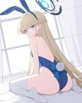  1girl absurdres animal_ears ass blonde_hair blue_archive blue_eyes blue_hair blue_halo blue_leotard blush braid breasts fake_animal_ears fake_tail halo highres indoors jyt leotard long_hair medium_breasts multicolored_hair official_alternate_costume parted_lips rabbit_ears rabbit_tail sitting solo strapless strapless_leotard streaked_hair tail thighhighs toki_(blue_archive) toki_(bunny)_(blue_archive) white_thighhighs 