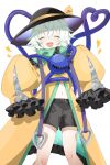  1girl alternate_costume black_hat black_shorts blush bow closed_eyes coat commentary_request cowboy_shot facing_viewer frilled_coat frills green_coat green_hair hat hat_bow hat_ribbon heart heart_of_string highres komeiji_koishi long_sleeves medium_hair midriff navel open_mouth ribbon ro/ku shorts simple_background sleeves_past_fingers sleeves_past_wrists smile solo standing third_eye touhou touhou_gensou_eclipse turtleneck_coat white_background wide_sleeves yellow_bow yellow_coat yellow_ribbon zipper zipper_sleeves 
