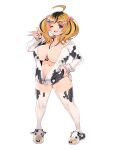  1girl ahoge animal-themed_footwear animal_print black_hair blonde_hair breasts brown_eyes center_opening cow_print dairoku_ryouhei full_body hair_ornament hairclip heart heart_hair_ornament highres huge_breasts jewelry long_hair long_sleeves looking_at_viewer multicolored_hair multicolored_nails navel necklace one_eye_closed open_mouth parted_bangs photoshop_(medium) red_nails ryoji_(nomura_ryouji) slippers solo standing star_(symbol) star_hair_ornament streaked_hair thick_thighs thighhighs thighs transparent_background two-tone_hair white_nails 