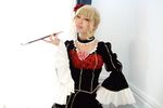  beatrice blonde_hair bow cosplay dress holding holding_pipe kiseru non-web_source photo pink_bow pipe solo umineko_no_naku_koro_ni 