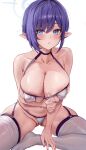  1girl alternate_costume aoi_(blue_archive) areola_slip ass_visible_through_thighs bare_arms bare_shoulders bikini blue_archive blue_eyes blue_hair blue_halo blush breasts cleavage collarbone covered_nipples eyepatch_bikini garter_straps halo highres large_breasts looking_at_viewer mole mole_under_eye navel open_mouth pointy_ears revision short_hair simple_background sitting skindentation solo stone_(ksorede) string_bikini swimsuit thighhighs thighs white_background white_bikini white_thighhighs 