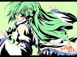  ass breasts detached_sleeves green_hair high_contrast kochiya_sanae long_hair matsuno_canel medium_breasts ribbon solo touhou translated wallpaper 