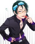  1boy black_hair candy food glasses gnosia green_hair highres jacket jewelry lollipop long_sleeves looking_at_viewer male_focus necklace sha-ming shirt short_hair smile solo upper_body yuyht1758 zipper 