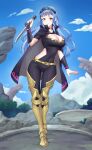  1girl alternate_costume armored_boots black_bodysuit blue_hair blue_hairband blue_sky bodysuit boots breasts brown_eyes cleavage closed_mouth clothing_cutout cloud commentary commission cosplay covered_navel english_commentary fire_emblem fire_emblem:_three_houses fire_emblem_engage fire_emblem_warriors:_three_hopes full_body hairband highres holding holding_weapon igni_tion lace-trimmed_hairband lace_trim large_breasts long_hair looking_at_viewer marianne_von_edmund official_alternate_hairstyle outdoors sky smile solo weapon yellow_footwear yunaka_(fire_emblem) yunaka_(fire_emblem)_(cosplay) 