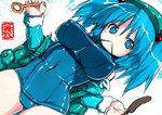  backpack bag blue_eyes blue_hair breasts hat kawashiro_nitori key large_breasts one-piece_swimsuit rondo_bell school_swimsuit short_hair solo swimsuit touhou twintails two_side_up 