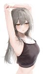  1girl absurdres armpits arms_up black_tank_top commentary grey_hair hidulume highres honkai:_star_rail honkai_(series) long_hair looking_to_the_side midriff simple_background solo stelle_(honkai:_star_rail) sweat symbol-only_commentary tank_top trailblazer_(honkai:_star_rail) upper_body white_background yellow_eyes 