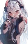  1girl black_bow black_sweater blush bow commentary_request dutch_angle hair_ornament hairclip hands_up heart heart_tattoo highres holding holding_own_hair hood hooded_sweater indie_virtual_youtuber jewelry kuromu_(96-94) long_hair looking_at_viewer multiple_rings open_mouth red_eyes red_nails ring sabita_hagane sharp_teeth simple_background sliced_meat smile solo sweater tattoo teeth upper_body virtual_youtuber white_background white_hair x_hair_ornament 