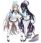  2girls 5uj0 absurdres ahoge apron asuna_(blue_archive) asymmetrical_bangs black_footwear black_hair black_shirt black_skirt blue_archive blue_eyes blush bottle bow bowtie breasts brown_hair bucket cleavage closed_mouth collared_shirt dark-skinned_female dark_skin framed_breasts full_body garter_straps gloves grin halo high_heels highres holding holding_bottle holding_mop holding_towel karin_(blue_archive) large_breasts long_hair maid maid_apron maid_headdress miniskirt mole mole_on_breast mop multiple_girls pantyhose pleated_skirt shirt sidelocks simple_background skirt smile spray_bottle standing strappy_heels thighhighs towel very_long_hair white_background white_gloves white_pantyhose white_thighhighs yellow_eyes 