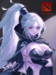  1girl arm_under_breasts black_cloak breasts cloak colored_skin commentary dota_(series) dota_2 drow_ranger_(dota) high_ponytail highres jokanhiyou large_breasts leaning_to_the_side linea_alba long_hair looking_at_viewer midriff navel orange_eyes parted_bangs parted_lips purple_skin sidelocks signature solo upper_body white_hair 