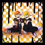 alternative_fashion checkered checkered_background clothed clothing domestic_cat duo emo felid feline felis female hi_res lgbt_pride male mammal pattern_background pride_color_accessory pride_color_clothing pride_colors sibling_(lore) silvetz simple_background