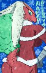 bag beak blaziken bottomless breasts butt christmas clothed clothing digital_media_(artwork) english_text feathers female generation_3_pokemon hi_res holidays looking_at_viewer looking_back looking_back_at_viewer nintendo pokemon pokemon_(species) rear_view red_body red_feathers retro_j santa_coat smile snow solo tail tail_feathers text
