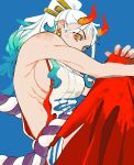  1girl absurdres bare_arms blue_background blue_hair breasts covered_mouth gradient_hair green_hair hair_ornament hakama hakama_pants hand_on_own_knee high_ponytail highres horns japanese_clothes knees_up large_breasts long_hair looking_at_viewer multicolored_hair oh_imo one_piece orange_eyes pants red_hakama red_pants ribs rope_belt shirt sideboob sideless_shirt simple_background sitting sleeveless sleeveless_shirt solo white_hair white_shirt yamato_(one_piece) 