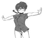  1girl blush braid braided_ponytail chinese_clothes closed_mouth covered_nipples greyscale highres low_ponytail meshishima_george monochrome no_bra no_pants outstretched_arms panties ranma-chan ranma_1/2 saotome_ranma short_sleeves solo spread_arms tangzhuang underwear v-shaped_eyebrows 