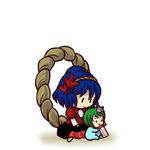  baby chibi hair_ornament kochiya_sanae leaf_hair_ornament multiple_girls simple_background snake socha tadpole touhou yasaka_kanako younger 