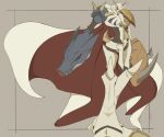  armor cape colored_skin commentary digimon digimon_(creature) foot_out_of_frame fu04pk highres horns humanoid_robot multiple_heads omegamon red_cape robot shoulder_armor simple_background solo spikes two-sided_cape two-sided_fabric white_cape white_skin 