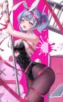  1girl absurdres animal_ears arms_up bare_shoulders blue_eyes blue_hair blunt_bangs blurry blurry_background blush bound breasts cage clothing_cutout detached_collar fake_animal_ears fake_tail fishnet_thighhighs fishnets glint hairband hatsune_miku heart heart-shaped_pupils heart_cutout highleg highleg_leotard highres large_breasts leotard long_hair open_mouth parted_bangs pink_pupils pink_ribbon pink_theme playboy_bunny pole rabbit_ears rabbit_hole_(vocaloid) rabbit_tail restrained ribbon solo spaghetti_strap stripper_pole stuffed_toy symbol-shaped_pupils tail teardrop_facial_mark thighhighs tied_up_(nonsexual) twintails vocaloid white_hairband yoitsuki_nema 