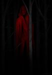 2024 ambiguous_gender black_eyes branch clothed clothing detailed_background digital_media_(artwork) face_covered flayfright forest hi_res hidden hidden_face hood horror_(theme) looking_at_viewer monster plant red_clothing scary solo standing tall tree