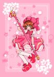  1girl beret blush_stickers bow bowtie brown_hair cardcaptor_sakura cherry_blossoms commentary detached_wings dress english_commentary footwear_bow frilled_dress frills full_body fuuin_no_tsue gloves green_eyes hat highres holding holding_wand kinomoto_sakura kneehighs looking_at_viewer magical_girl pink_background pink_dress puffy_short_sleeves puffy_sleeves red_bow red_bowtie red_footwear short_hair short_sleeves socks solo toraxwx wand white_gloves white_socks wings 