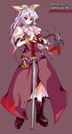  alphes_(style) belt boots bracelet hair_ribbon highres jewelry katana lavender_hair parody pfalz ponytail red_eyes ribbon solo style_parody sword touhou translation_request tsurime watatsuki_no_yorihime weapon 