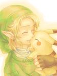  artist_request blonde_hair earrings gen_1_pokemon gloves hat hug jewelry link pikachu pointy_ears pokemon pokemon_(creature) smile super_smash_bros. the_legend_of_zelda 